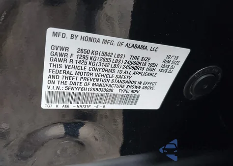 2019 Honda Pilot Lx из США, поврежденный, VIN 5FNYF6H12KB030980